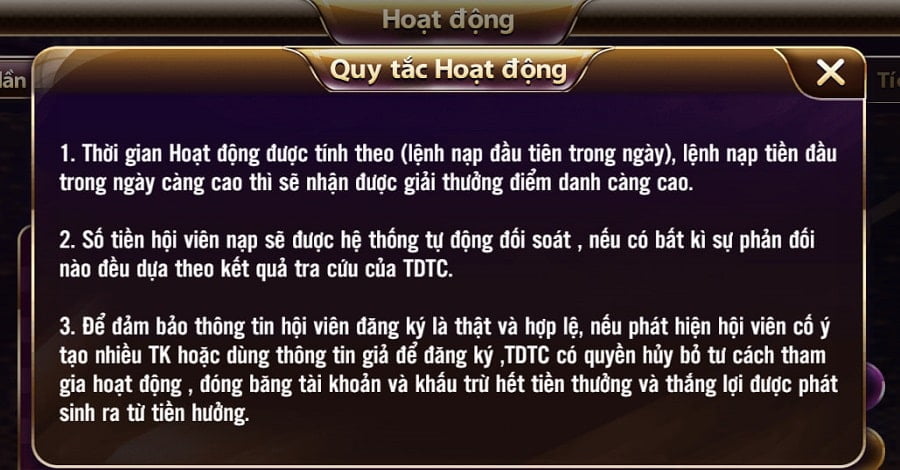 Quy tắc hoạt động ưu đãi nạp tiền nhận thưởng lần đầu TDTC